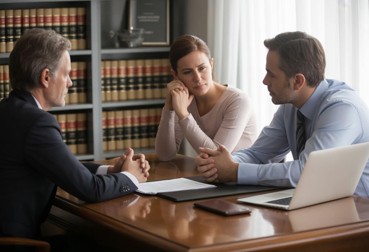 Een advocaat bespreekt co-ouderschap en vakanties met een moeder en vader in een kantoor.