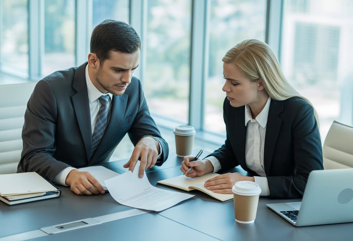 Twee zakelijke professionals bespreken een contract aan een vergadertafel in een modern kantoor.