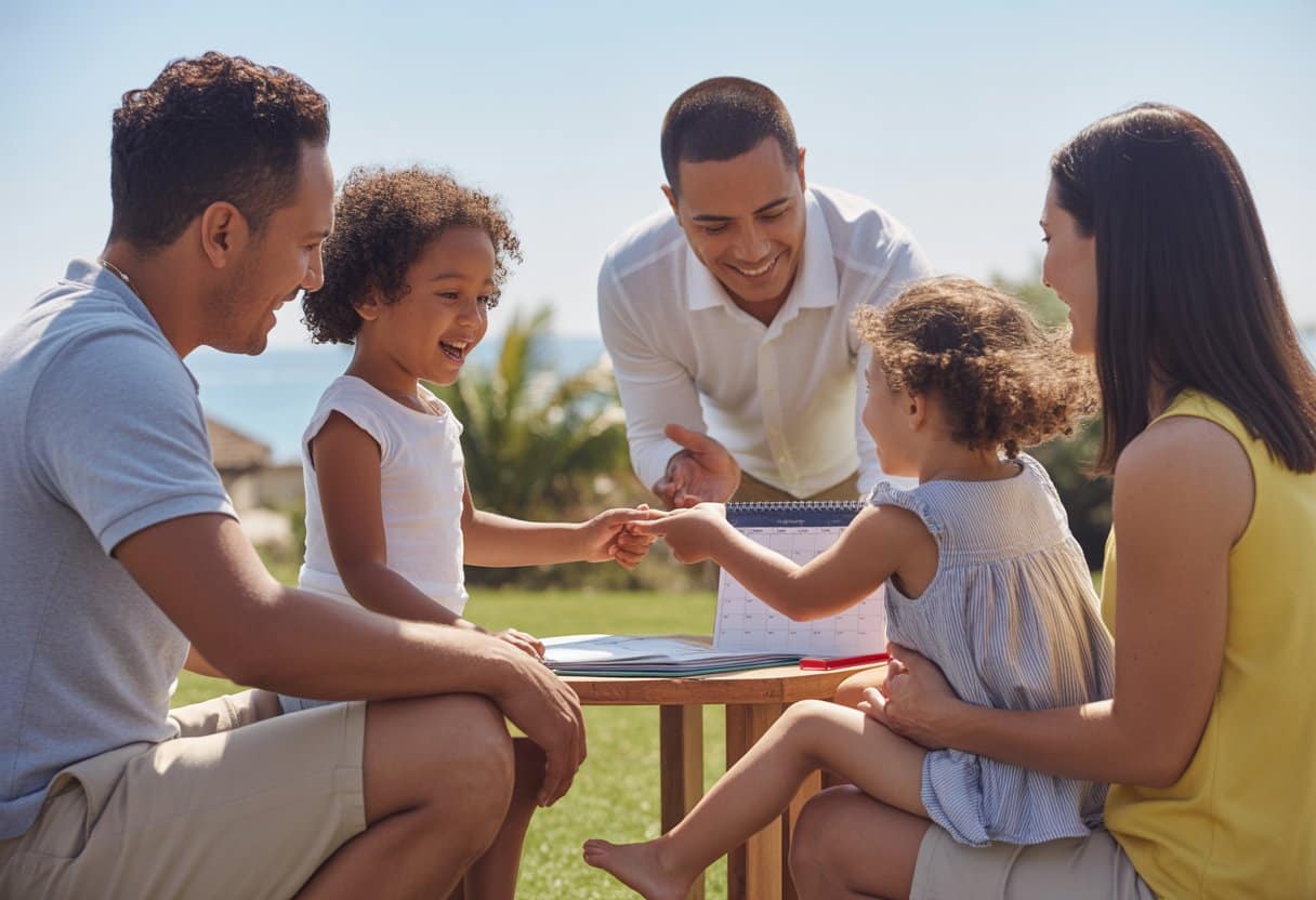 Een gezin met twee ouders en kinderen die samen buiten plezier maken, waarbij de ouders vriendelijk met elkaar omgaan.