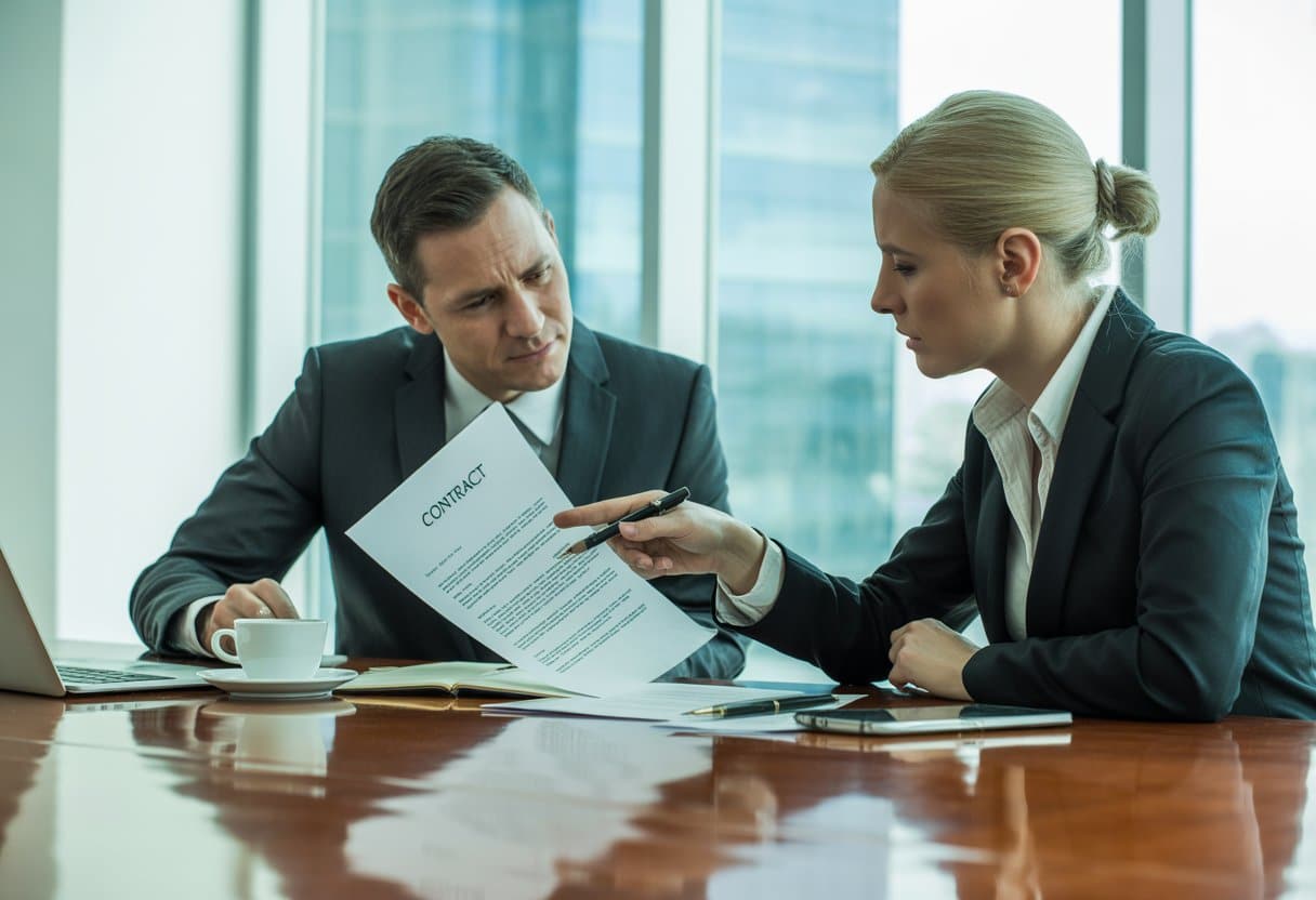 Twee zakenmensen bespreken een contract aan een tafel in een kantoor.