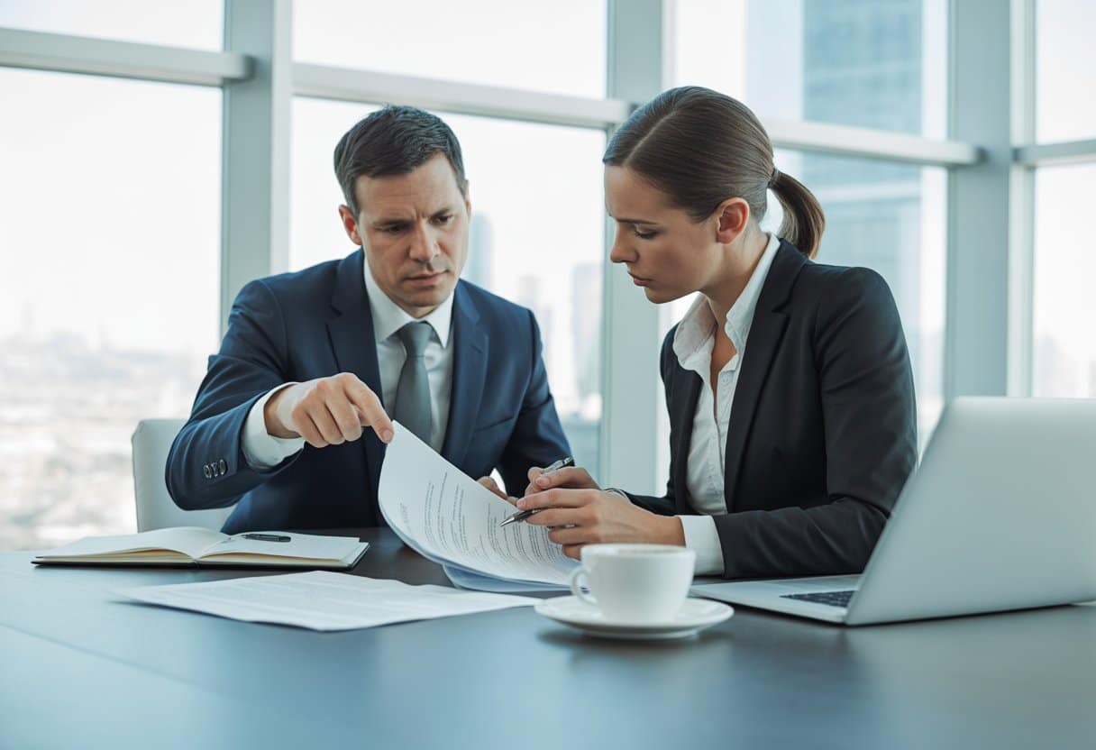 Twee zakelijke professionals bespreken contracten aan een vergadertafel in een kantoor.