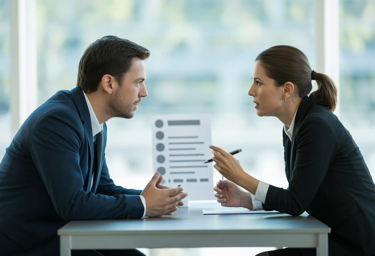 Twee zakenmensen zitten tegenover elkaar aan een tafel en voeren een serieus gesprek in een modern kantoor.