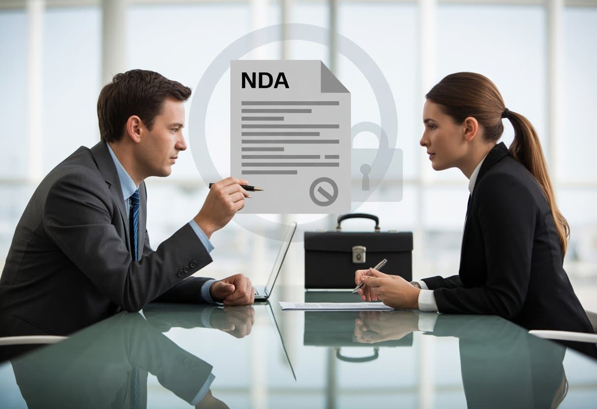 Twee zakelijke professionals die een contract bespreken aan een glazen tafel in een moderne kantooromgeving.