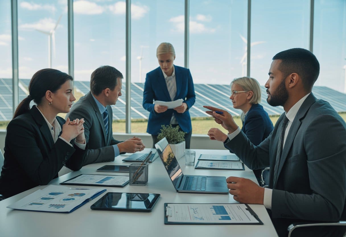 De opkomst van Power Purchase Agreements (PPA’s): juridische aandachtspunten en praktijkinzichten 1 Een groep zakelijke professionals bespreekt contracten in een kantoor met uitzicht op zonnepanelen en windturbines.