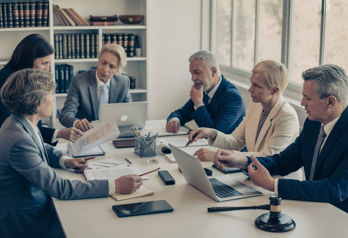 Een groep familieleden en juridische professionals zit samen aan een vergadertafel en bespreekt documenten over bedrijfsopvolging.