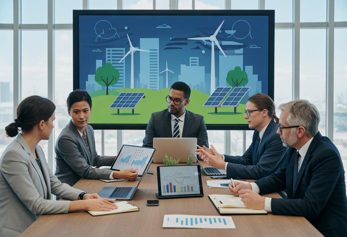 De opkomst van Power Purchase Agreements (PPA’s): juridische aandachtspunten en praktijkinzichten 2 Een groep zakelijke professionals in een moderne vergaderruimte bespreekt documenten en digitale schermen met afbeeldingen van zonne-energie en windturbines.