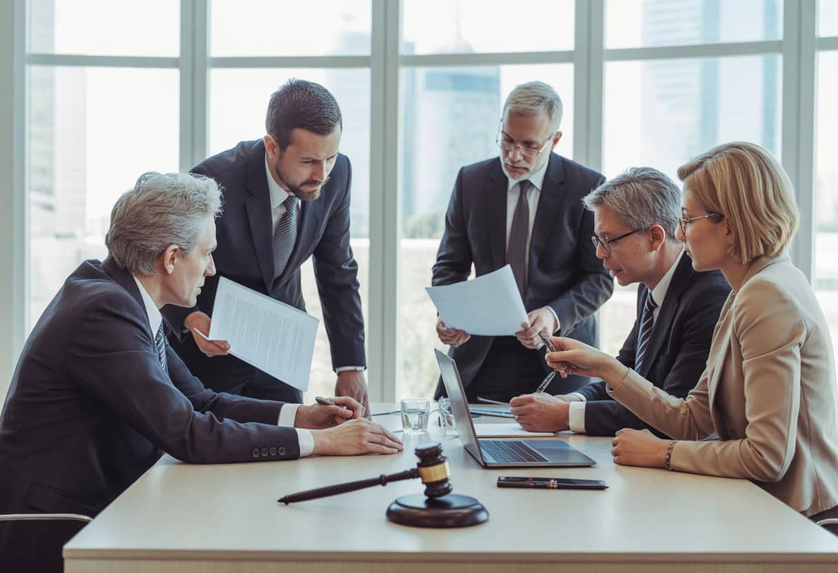 Een groep zakelijke professionals en familieleden bespreekt documenten rond een tafel in een kantoor, gericht op juridische aspecten van bedrijfsopvolging.