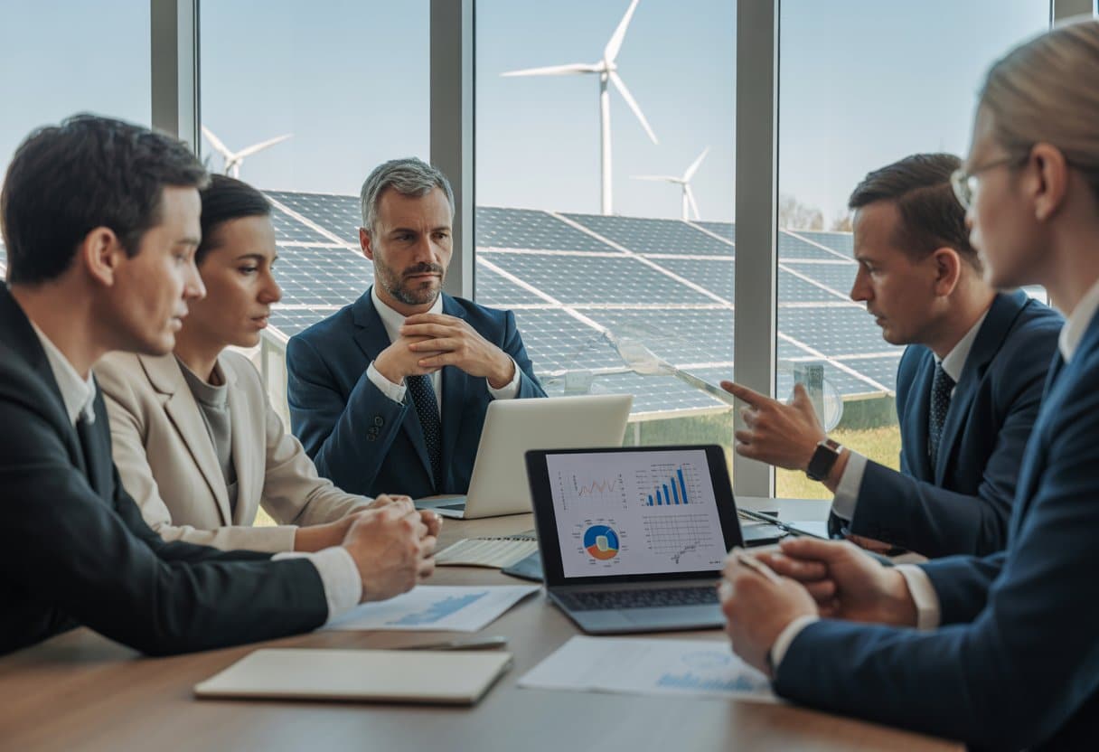De opkomst van Power Purchase Agreements (PPA’s): juridische aandachtspunten en praktijkinzichten 3 Een groep zakelijke professionals bespreekt documenten in een moderne kantoorruimte met uitzicht op zonnepanelen en windmolens.