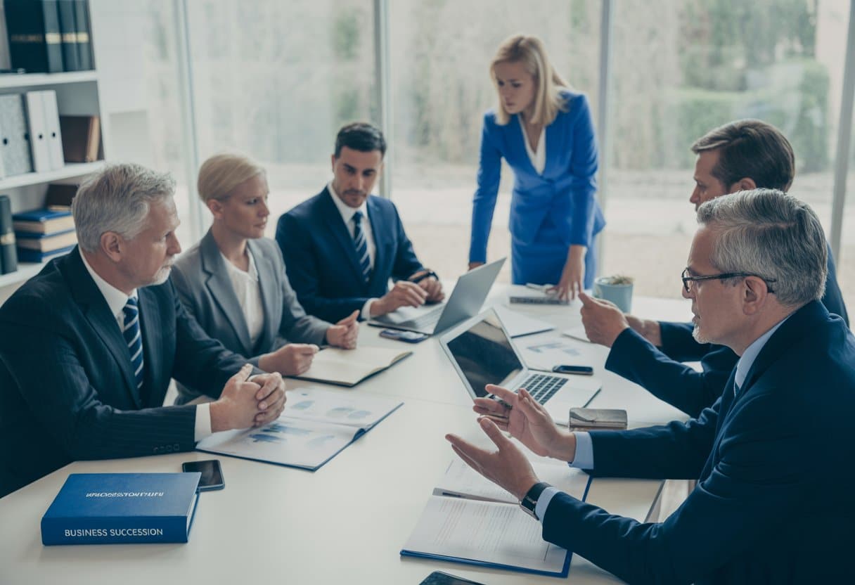 Een groep professionals bespreekt een opvolgingsplan in een moderne vergaderruimte, met documenten en laptops op tafel.