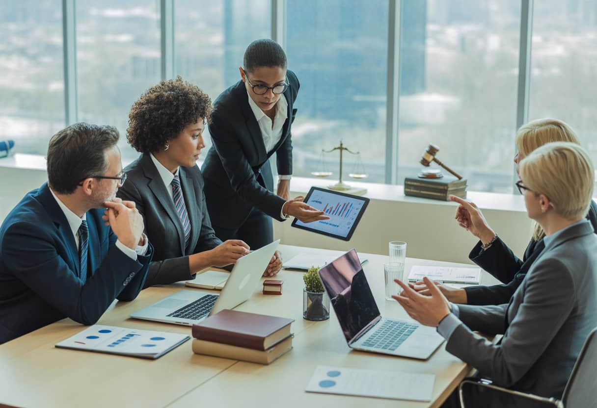 Een groep ondernemers en juridische adviseurs bespreekt samen documenten en digitale informatie in een moderne kantoorruimte.