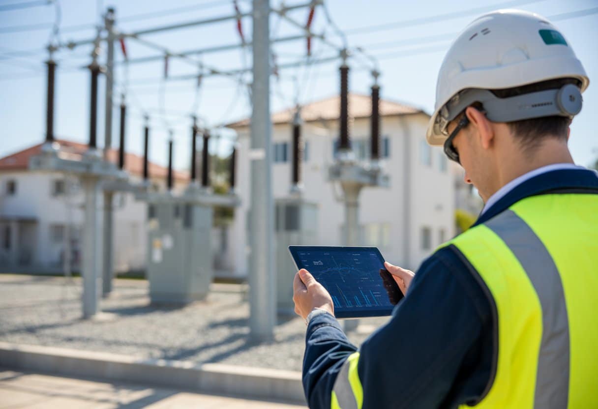 Netcongestie: mag een netbeheerder je aansluiting weigeren? Uitleg en juridisch kader 2 Een technicus met veiligheidshelm controleert elektrische apparatuur bij een elektriciteitsstation in een stedelijke omgeving.