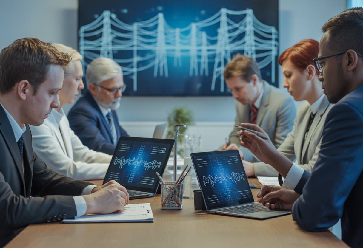 Netcongestie: mag een netbeheerder je aansluiting weigeren? Uitleg en juridisch kader 3 Een groep professionals bespreekt netwerkbeheer en wettelijke kaders in een moderne kantooromgeving.