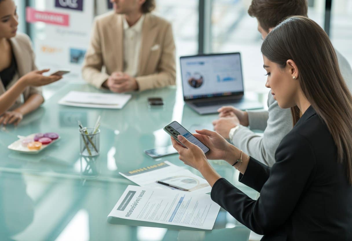 Een groep jonge professionals bespreekt samenwerkingen tussen influencers en merken in een kantooromgeving.