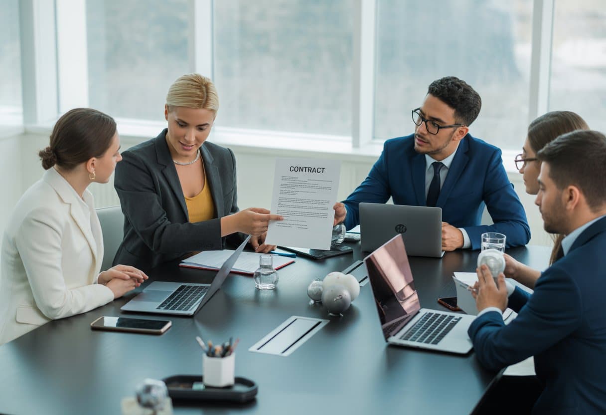 Een groep mensen in een kantoor bespreekt een contract tijdens een zakelijke bijeenkomst.