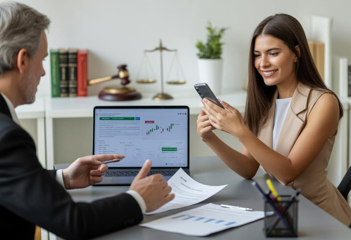 Een influencer en een zakelijke professional bespreken contracten en regelgeving in een moderne kantooromgeving.