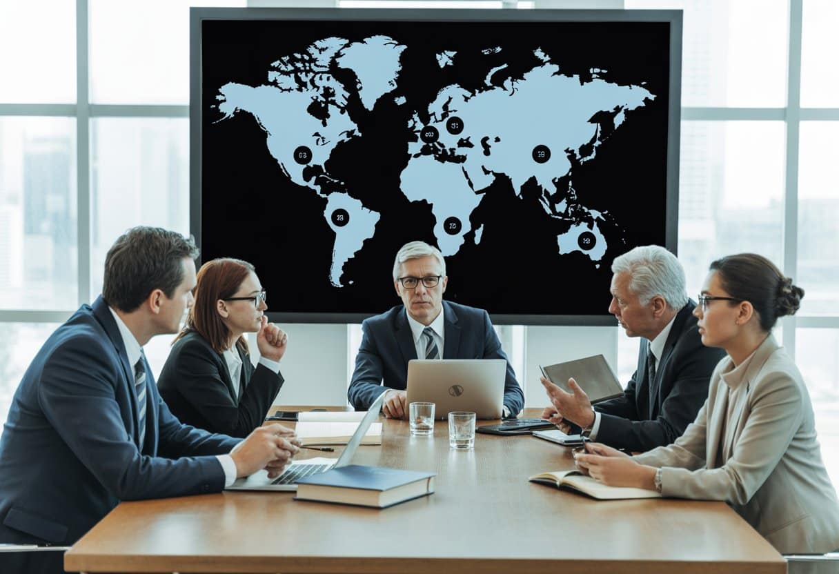 Zakelijke professionals bespreken strategieën in een moderne vergaderruimte met een wereldkaart op een scherm op de achtergrond.