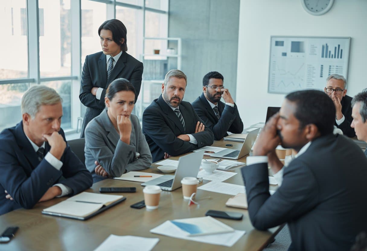 Een groep zakelijke professionals zit gespannen rond een vergadertafel tijdens een aandeelhoudersvergadering die vastloopt.