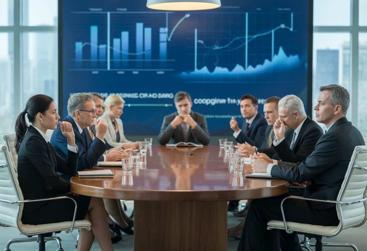 Een groep zakelijke professionals zit rond een grote tafel in een vergaderruimte en bespreekt serieus een situatie tijdens een aandeelhoudersvergadering.