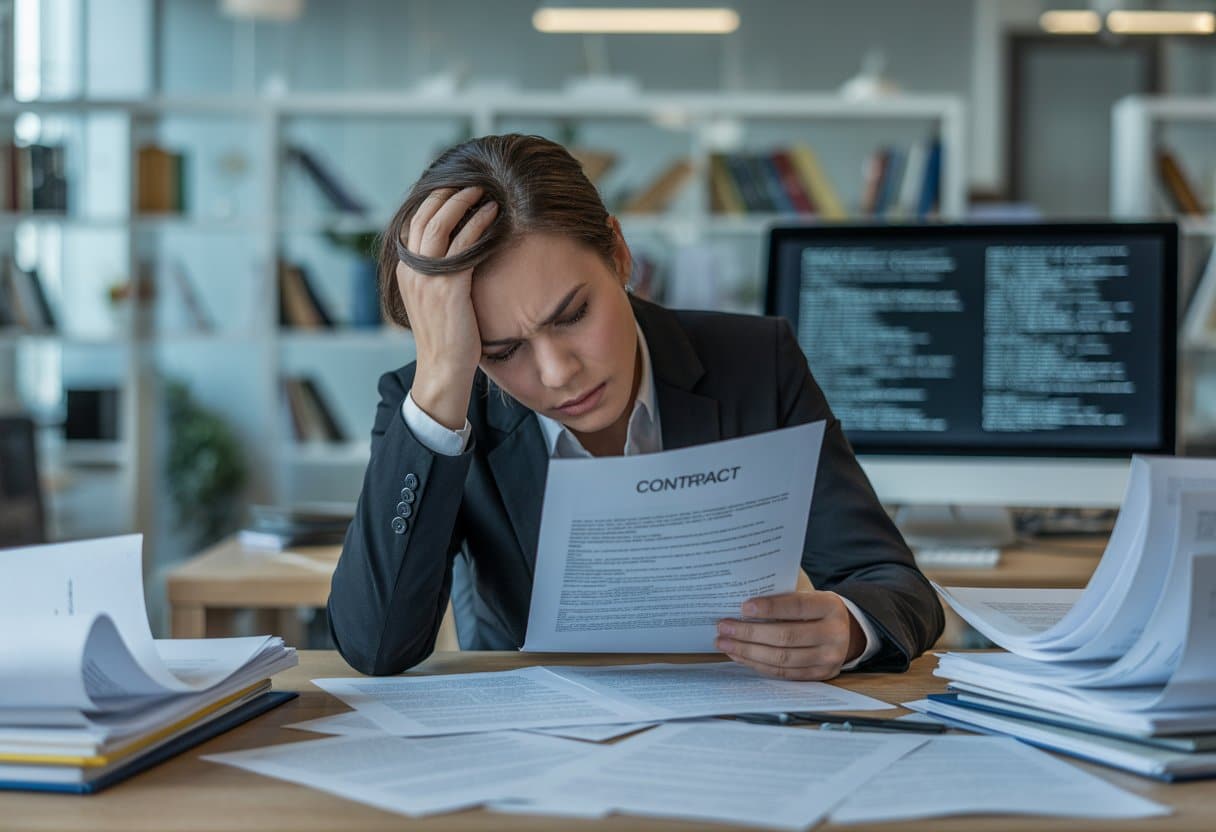 Een gefrustreerde zakenpersoon zit aan een bureau met papieren en kijkt teleurgesteld naar een contract.