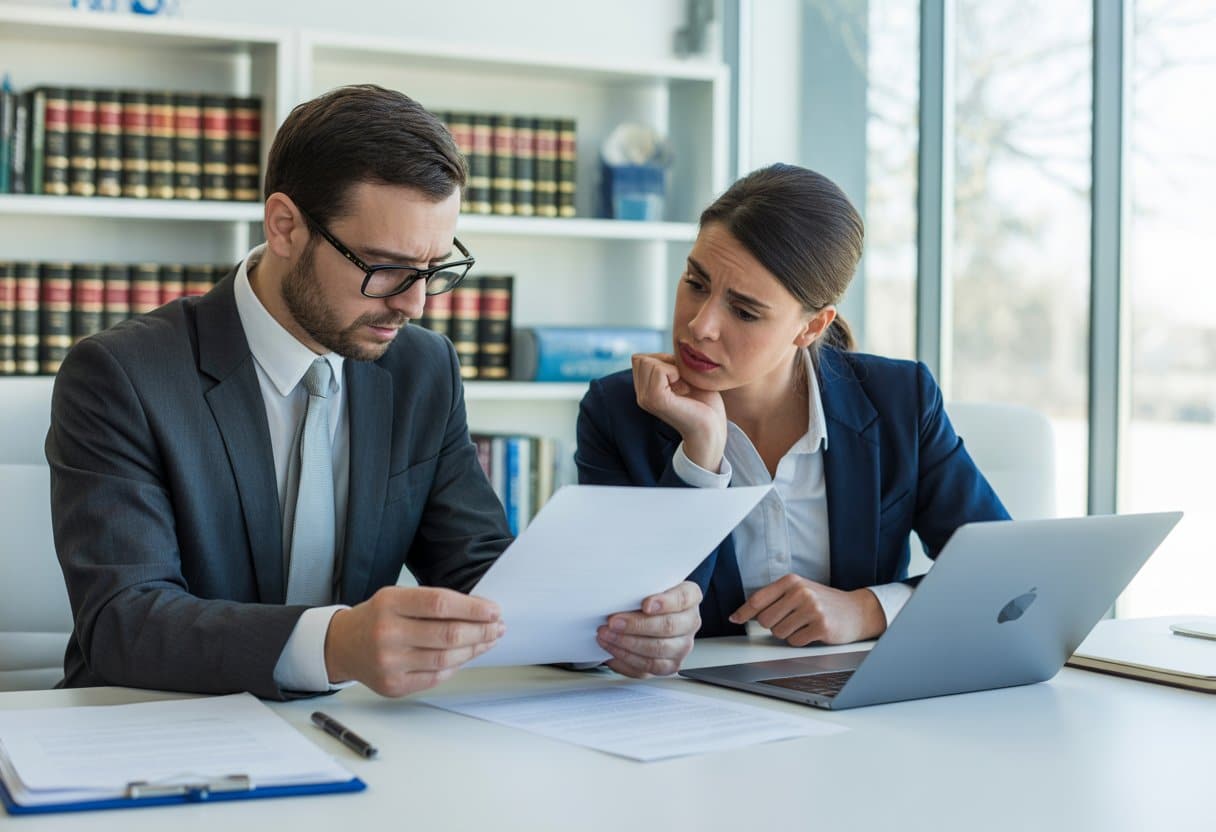 Twee zakelijke professionals bespreken documenten aan een tafel in een modern kantoor, met een uitdrukking van zorg en twijfel.