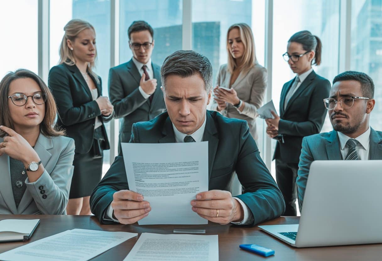 Een groep zakelijke professionals zit rond een vergadertafel, waarbij een man een document vasthoudt en er bezorgd uitziet, terwijl anderen sceptisch en teleurgesteld kijken.