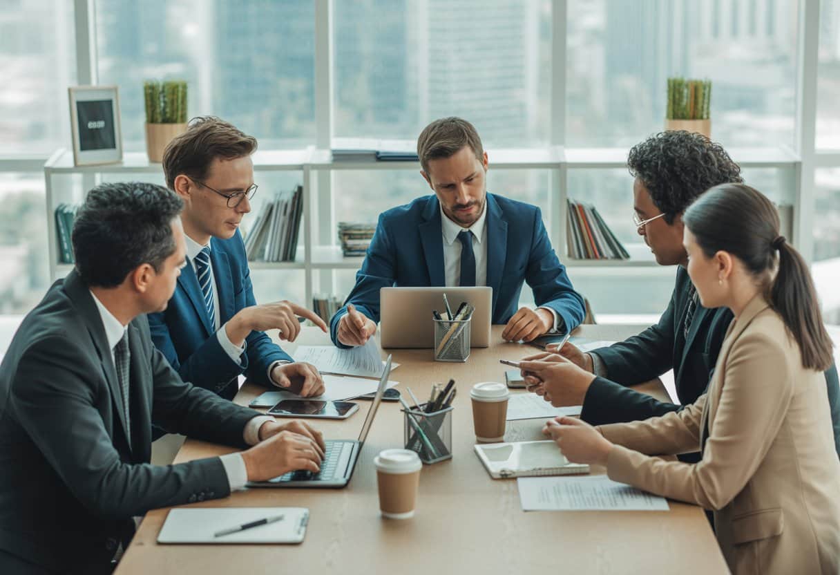 Vijf zakelijke professionals zitten rond een tafel in een kantoor en bespreken documenten tijdens een vergadering.