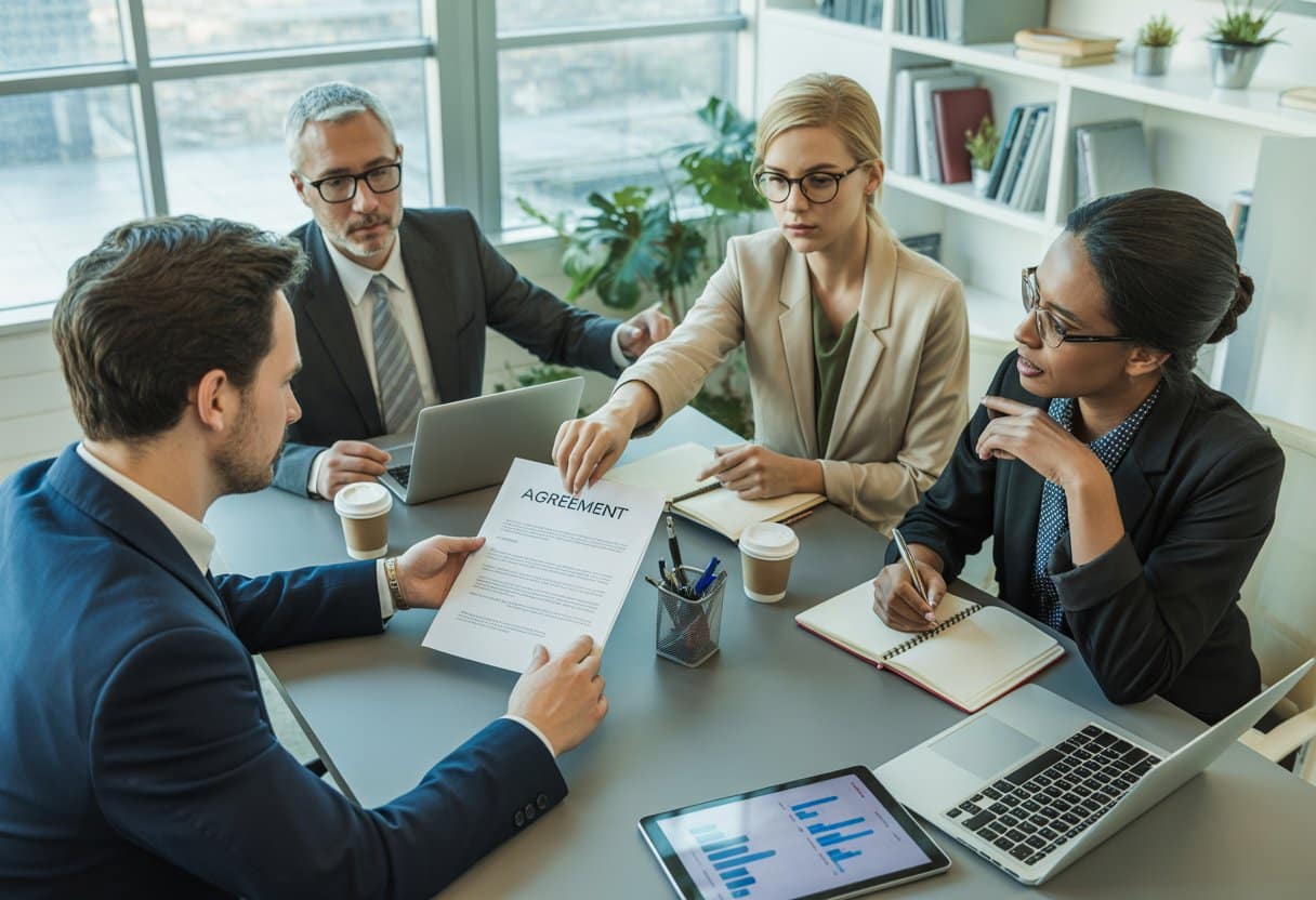 Vier professionals zitten rond een vergadertafel en bespreken een document in een kantoor met uitzicht op de stad.