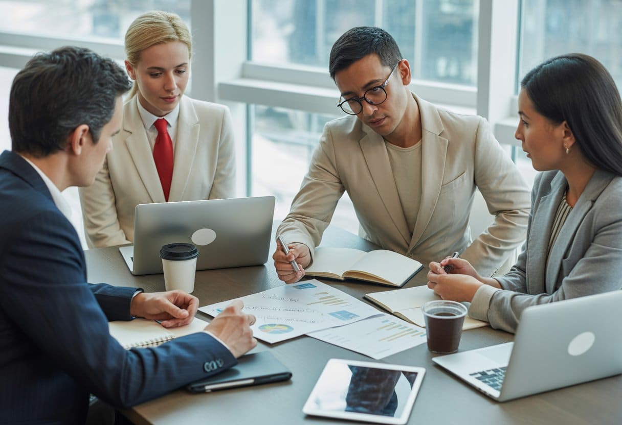Vier professionals zitten rond een tafel in een kantoor en bespreken documenten tijdens een vergadering.