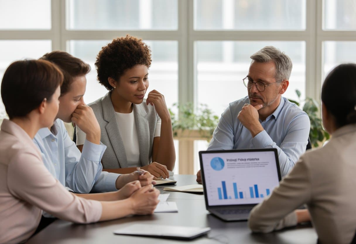 Een groep werknemers en een manager in een kantoor die een ondersteunend gesprek voeren over ziekte en re-integratie.