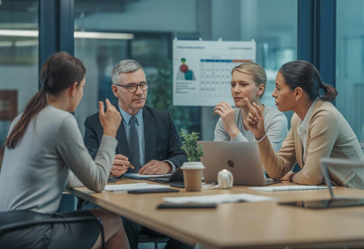 Een vergadering in een kantoor waar een manager en twee werknemers in gesprek zijn over ziekte en re-integratie.