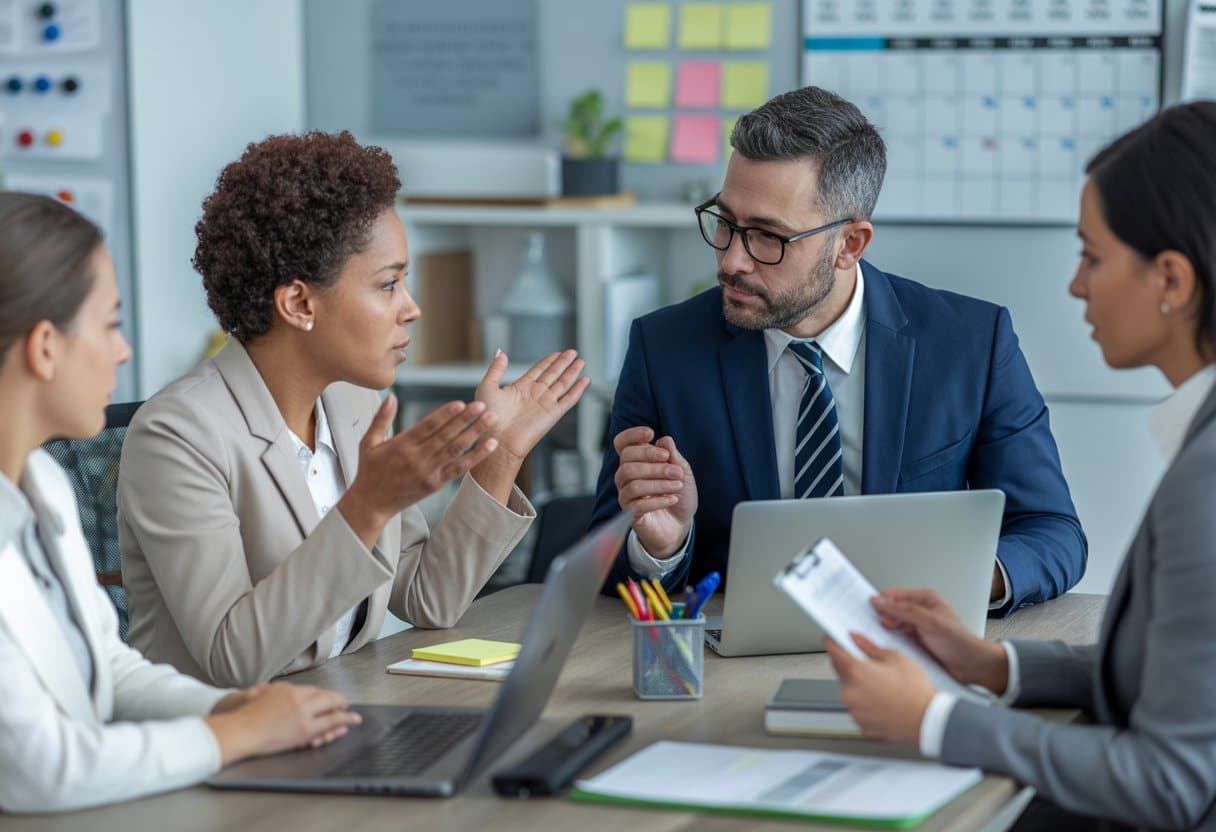 Een manager en een werknemer zitten samen in een kantoor en voeren een serieus gesprek over rechten en plichten rondom ziekte en re-integratie.