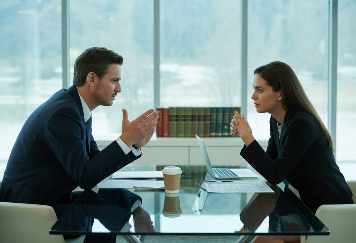 Twee mensen in een kantoor zitten tegenover elkaar aan een tafel en voeren een serieus gesprek.