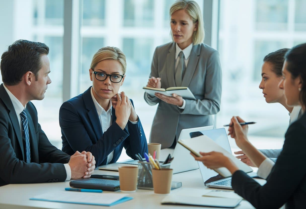Een zakelijke vergadering waarbij een manager, werknemer en een mediator rustig een conflict bespreken in een moderne kantooromgeving.
