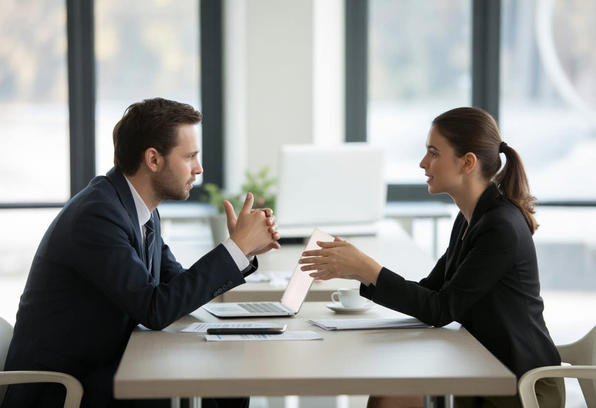 Twee zakelijke professionals zitten tegenover elkaar aan een bureau in een kantoor en voeren een serieus gesprek.