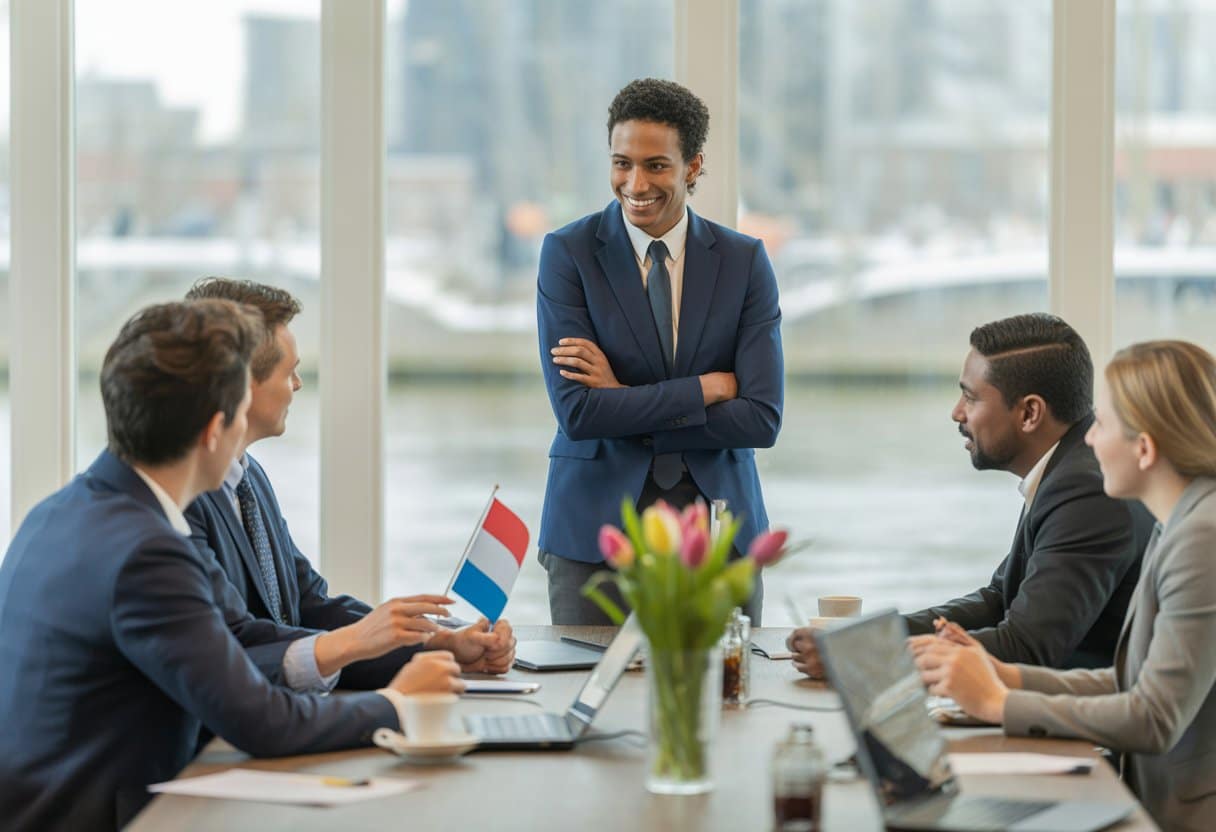 Ondernemen in Nederland als buitenlandse investeerder: Gids & Regels 1 Een buitenlandse investeerder bespreekt zakelijke plannen met Nederlandse collega's in een moderne kantoorruimte met uitzicht op een stadsgezicht.
