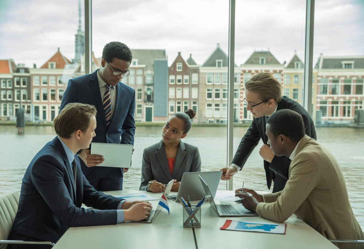 Ondernemen in Nederland als buitenlandse investeerder: Gids & Regels 2 Een groep internationale zakenmensen in een moderne kantoorruimte met uitzicht op een Nederlandse stad, bezig met een zakelijke vergadering.