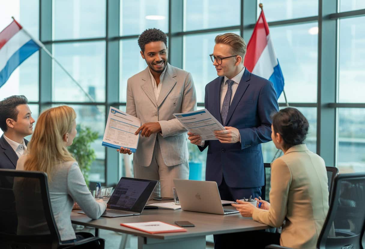 Ondernemen in Nederland als buitenlandse investeerder: Gids & Regels 3 Een buitenlandse investeerder bespreekt verblijfsvergunningen en ondernemingsplannen met een adviseur in een modern kantoor.