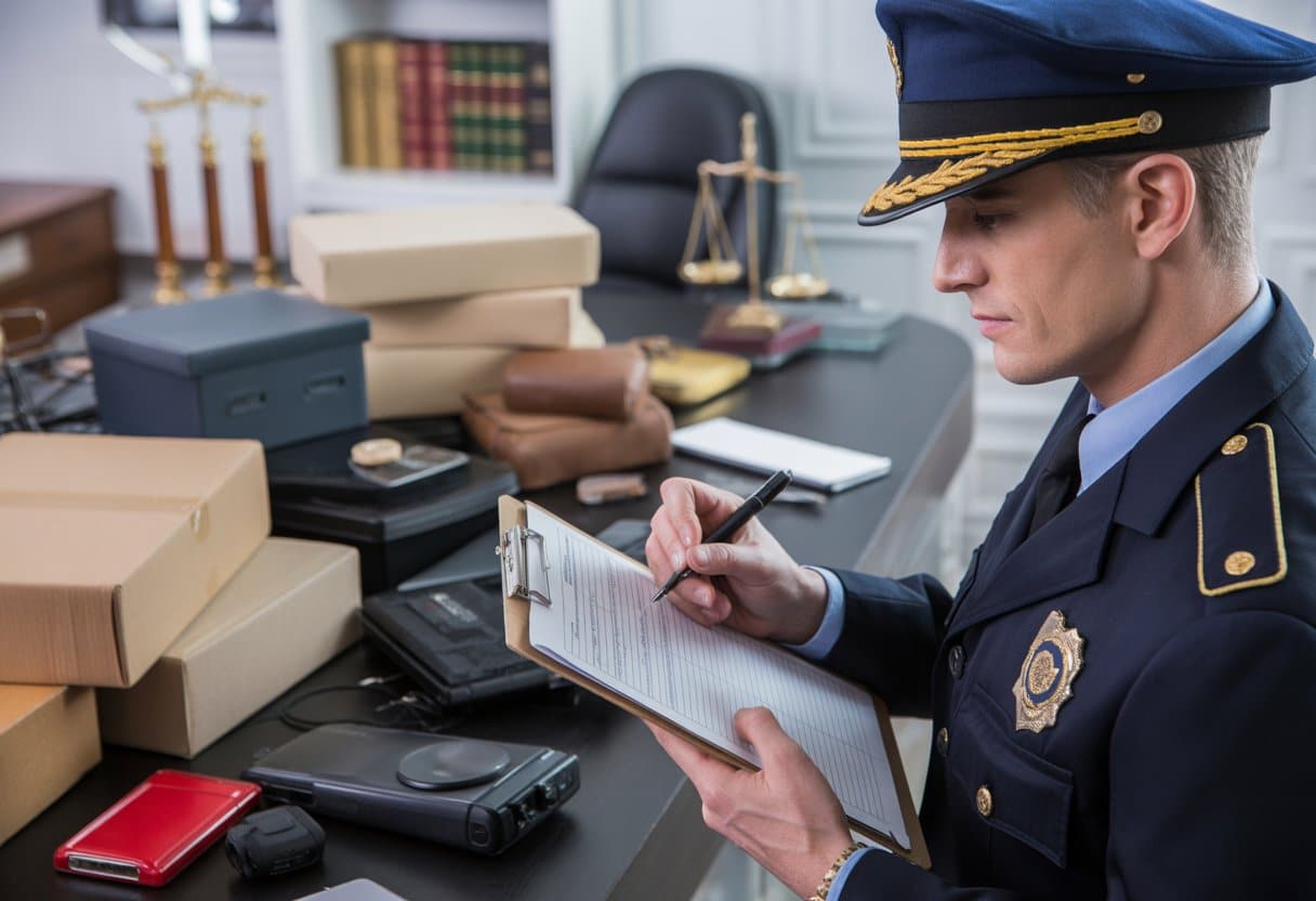 Een wetshandhaver die goederen in beslag neemt en documenteert in een officiële omgeving met juridische elementen op de achtergrond.