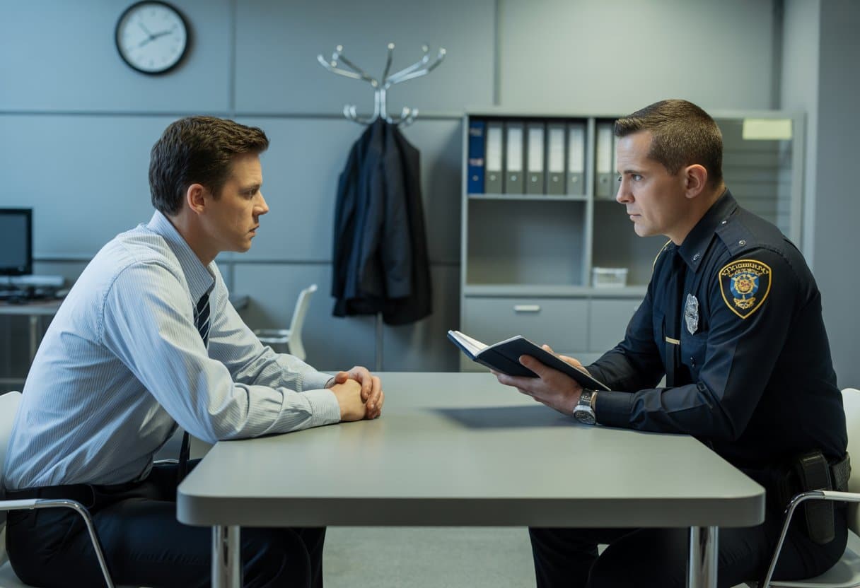 Een politieagent en een verdachte zitten tegenover elkaar aan een tafel in een politiebureau tijdens een verhoor.