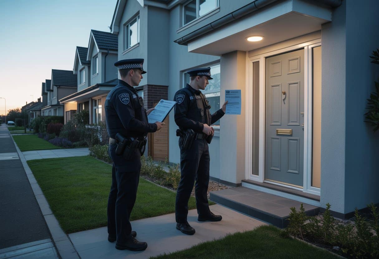 Twee politieagenten staan bij de voordeur van een huis, één houdt een wettelijk huiszoekingsbevel vast.