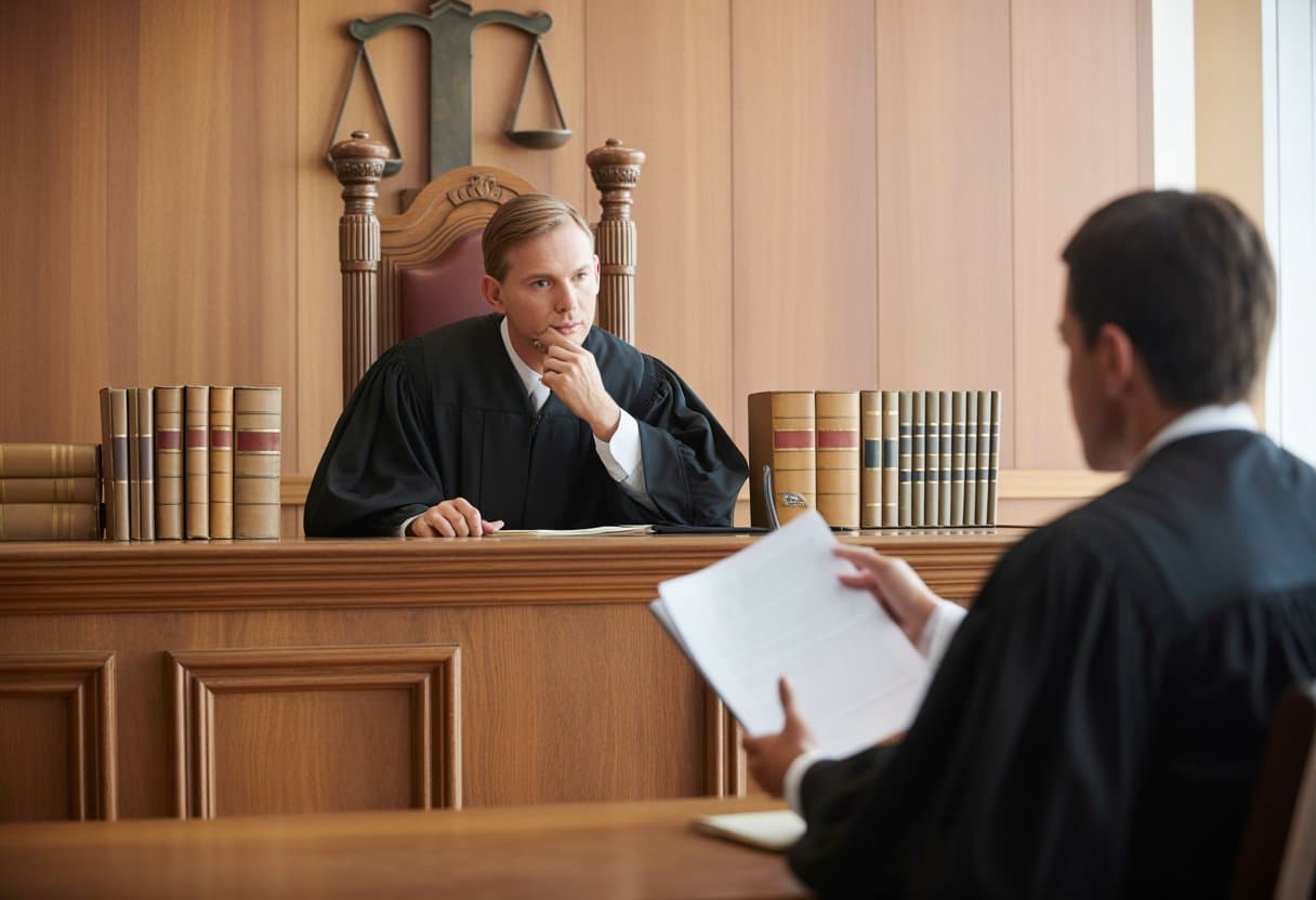 Een rechter zit in een rechtszaal achter een houten bank terwijl een advocaat argumenten voordraagt.