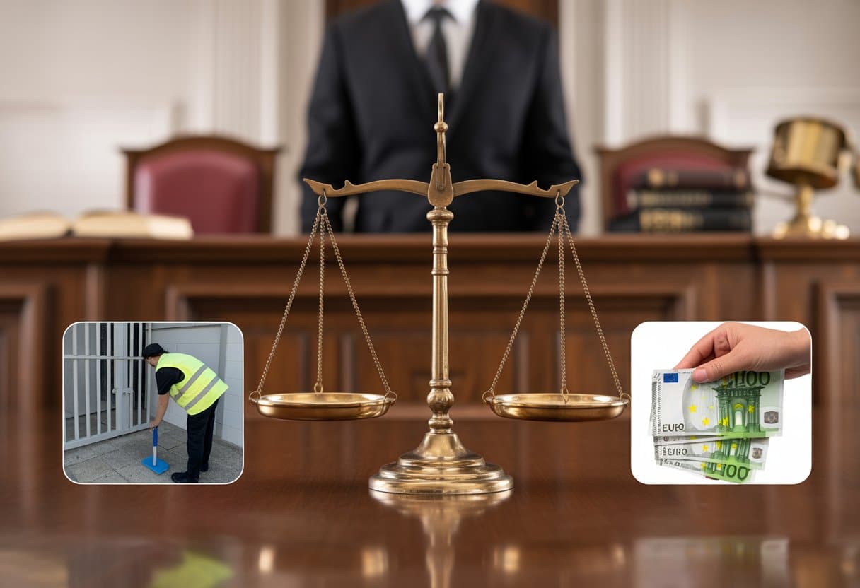 Een afbeelding van een rechtbank met een weegschaal in het midden, een persoon die taakstraf uitvoert, een hand met geld en gevangenis tralies op de achtergrond.