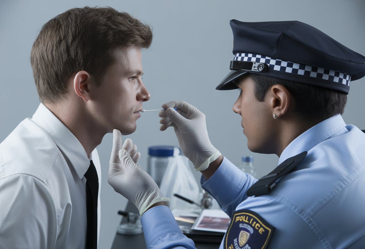 Een politieagent neemt op een nette en gecontroleerde locatie een DNA-monster af van een persoon met een wattenstaafje.