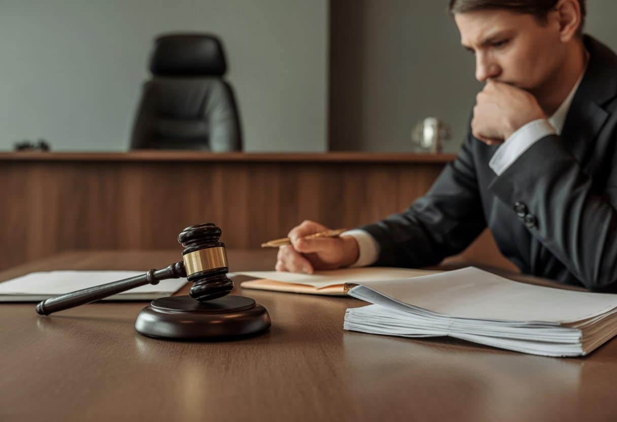 Een advocaat bekijkt juridische documenten in een rechtbankomgeving met een hamer op een houten bureau.