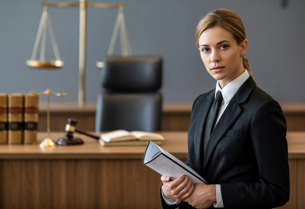 Een advocaat in formele kleding staat in een moderne rechtszaal met een rechterstafel en juridische boeken op de achtergrond.