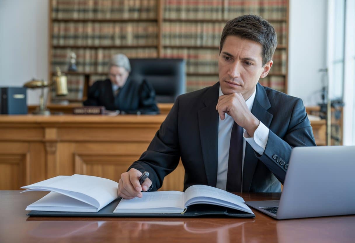 Een advocaat in een rechtszaal die juridische documenten bekijkt, met op de achtergrond boeken en een rechterlijke bank.