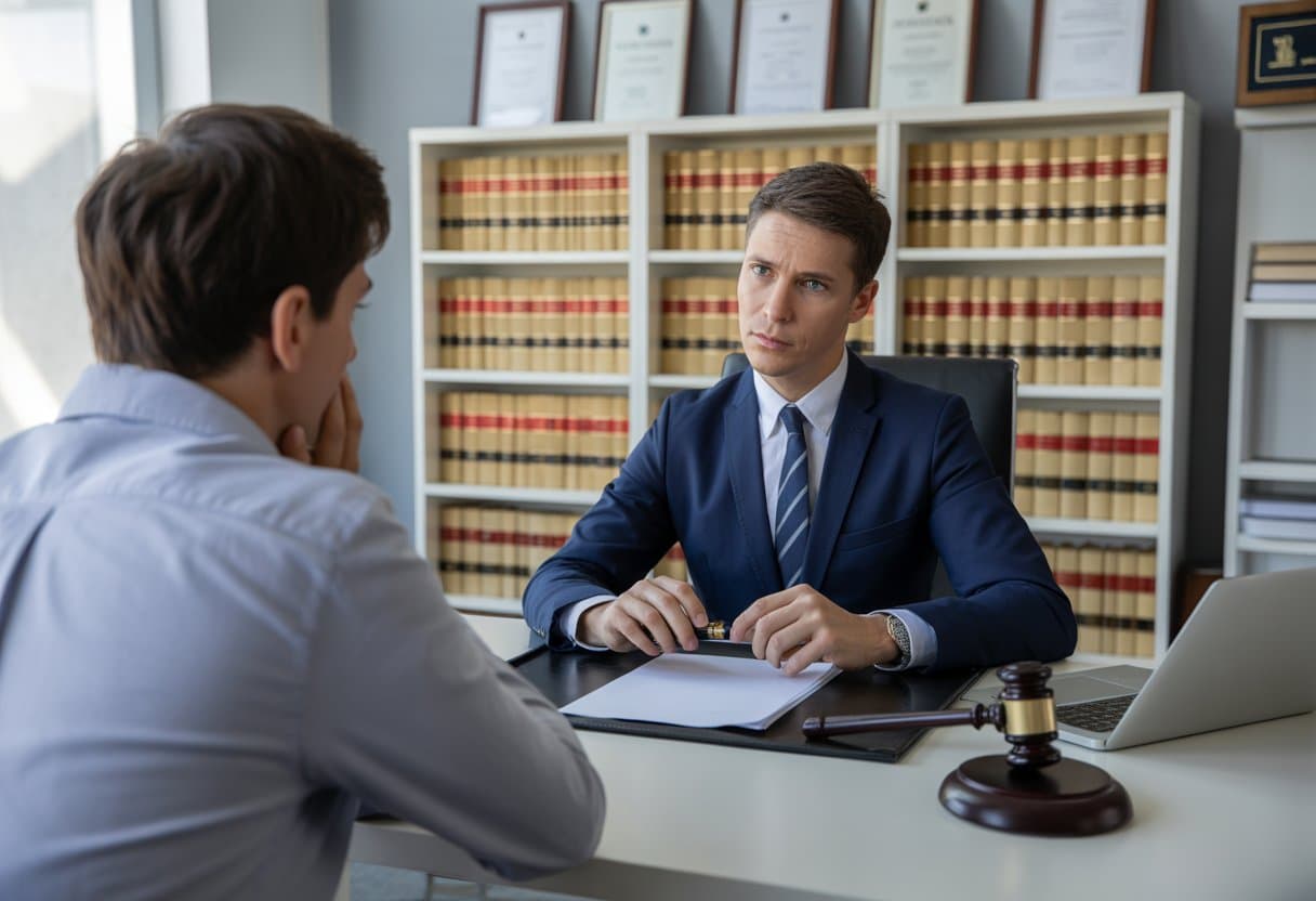 Een advocaat en een cliënt zitten aan een bureau in een kantoor, in gesprek over juridische zaken.