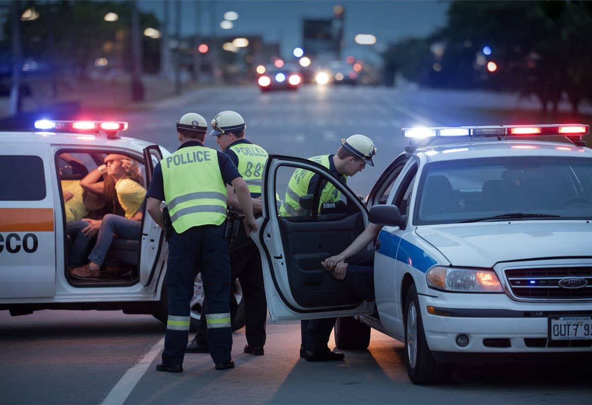 Een nachtelijk ongeval met politie en hulpverleners die gewonden bij een botsing helpen.