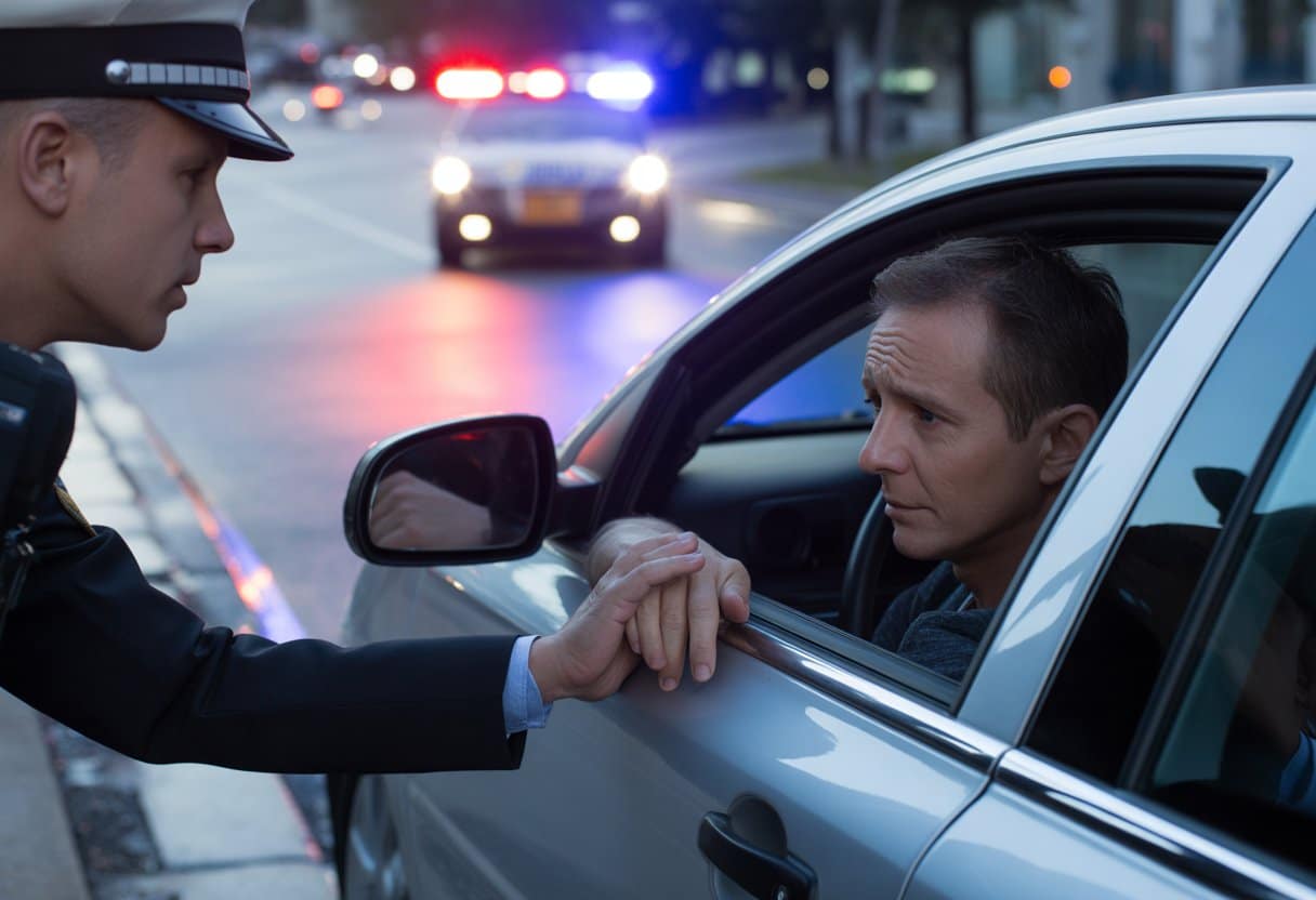 Een politieagent die een ademtest afneemt bij een bestuurder in een auto tijdens de nacht op een stadsstraat.