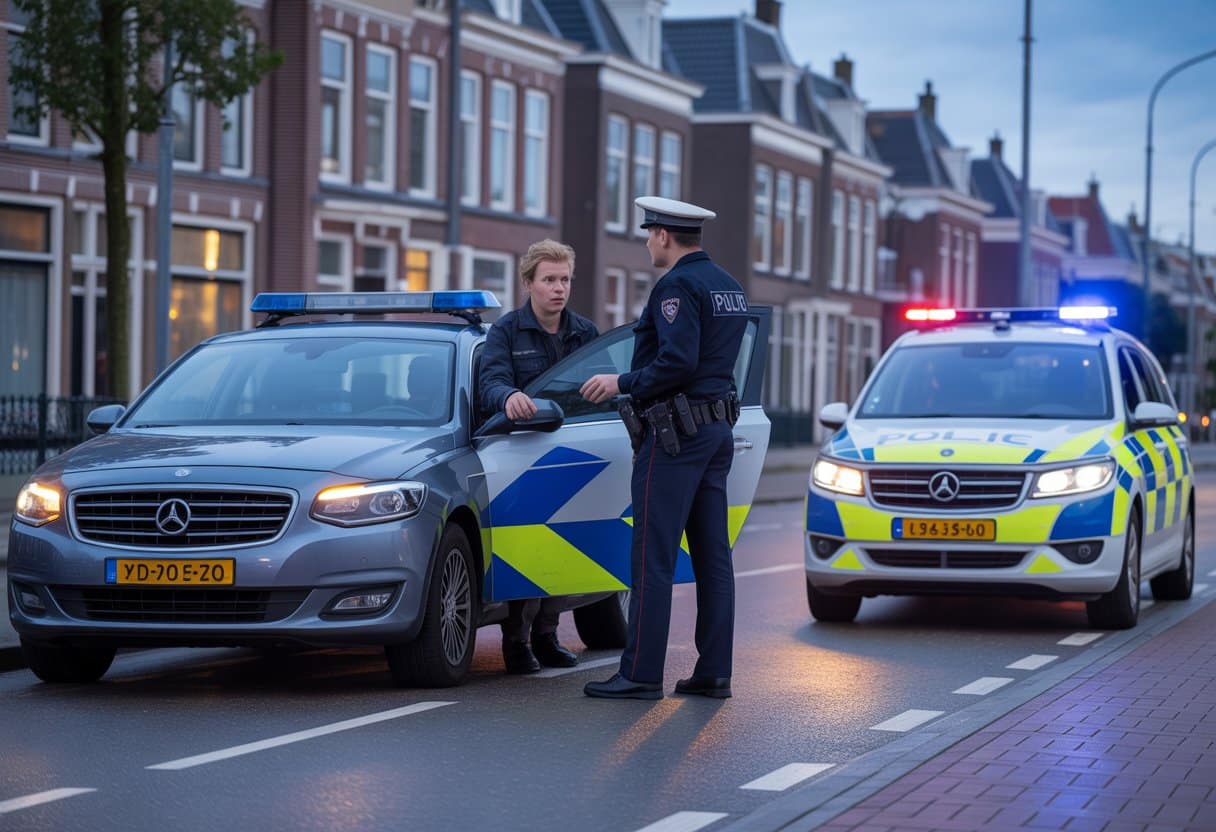 Een Nederlandse politieagent voert een alcoholcontrole uit bij een bestuurder op straat in een stedelijke omgeving.